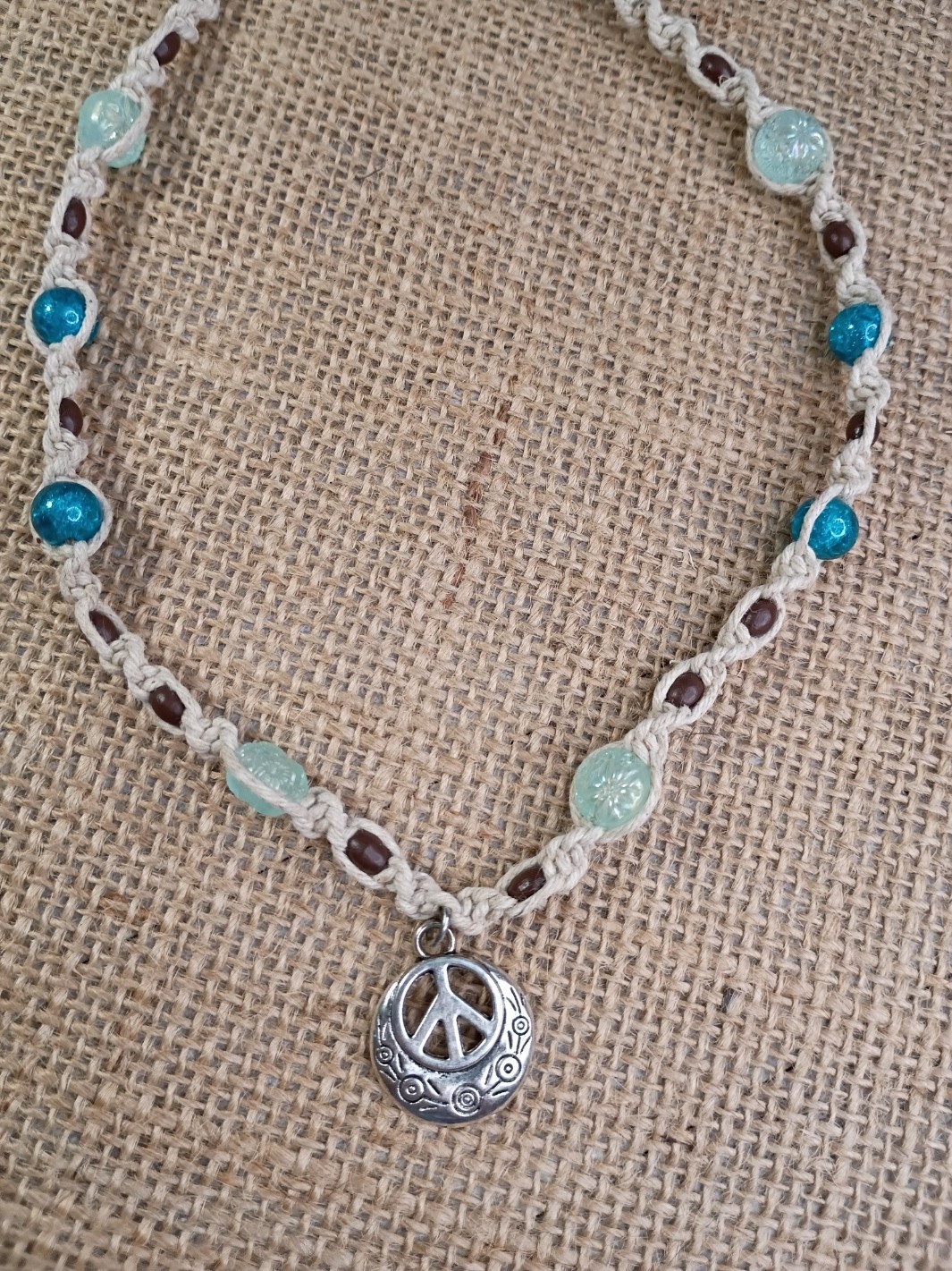 New Natural Hemp Necklace W/ Peace Sign Charm & Mixed Beads 16 in Twist Macrame