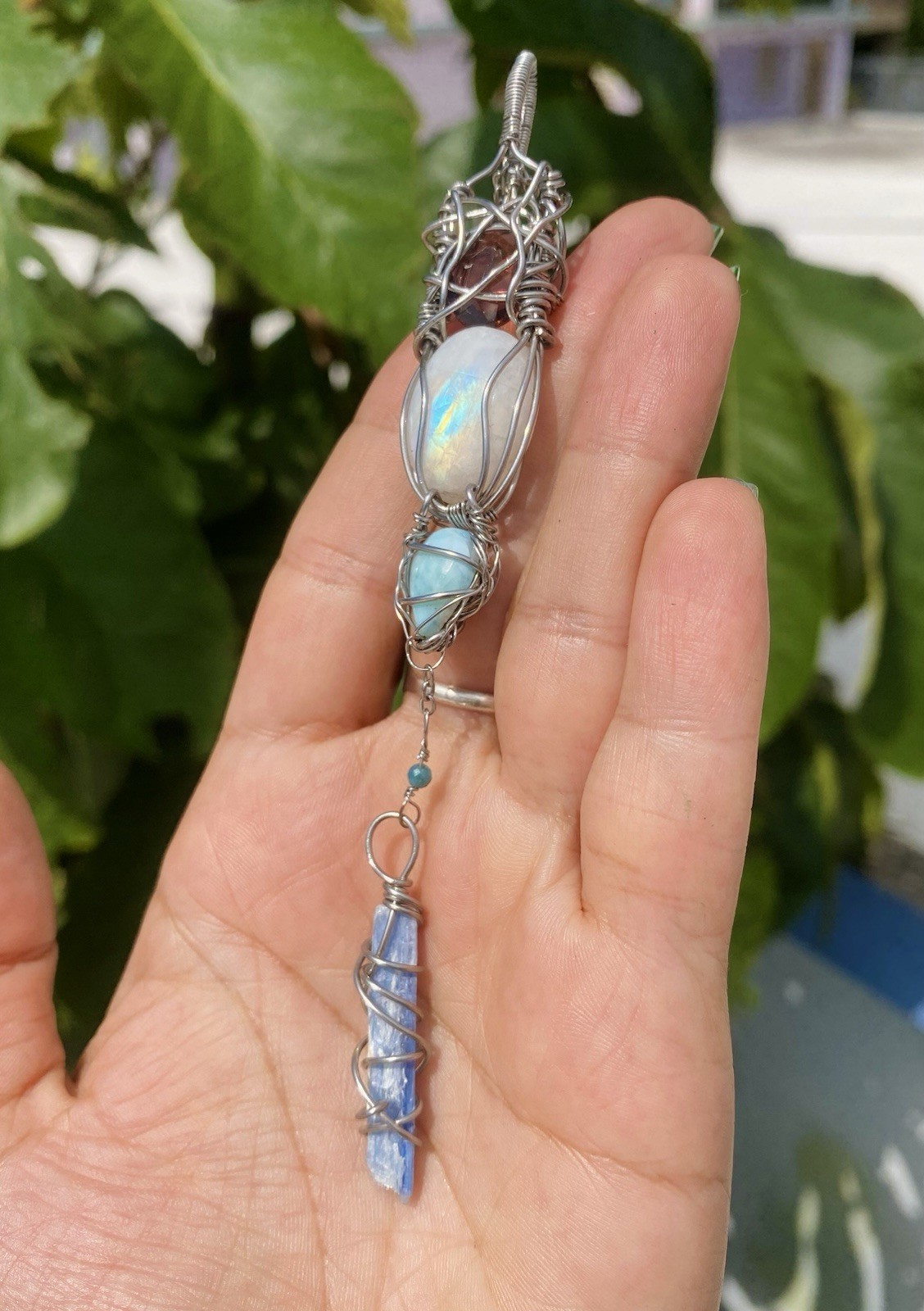 Rainbow Moonstone, Larimar & Kyanite Necklace Amethyst & Blue Apatite Steel