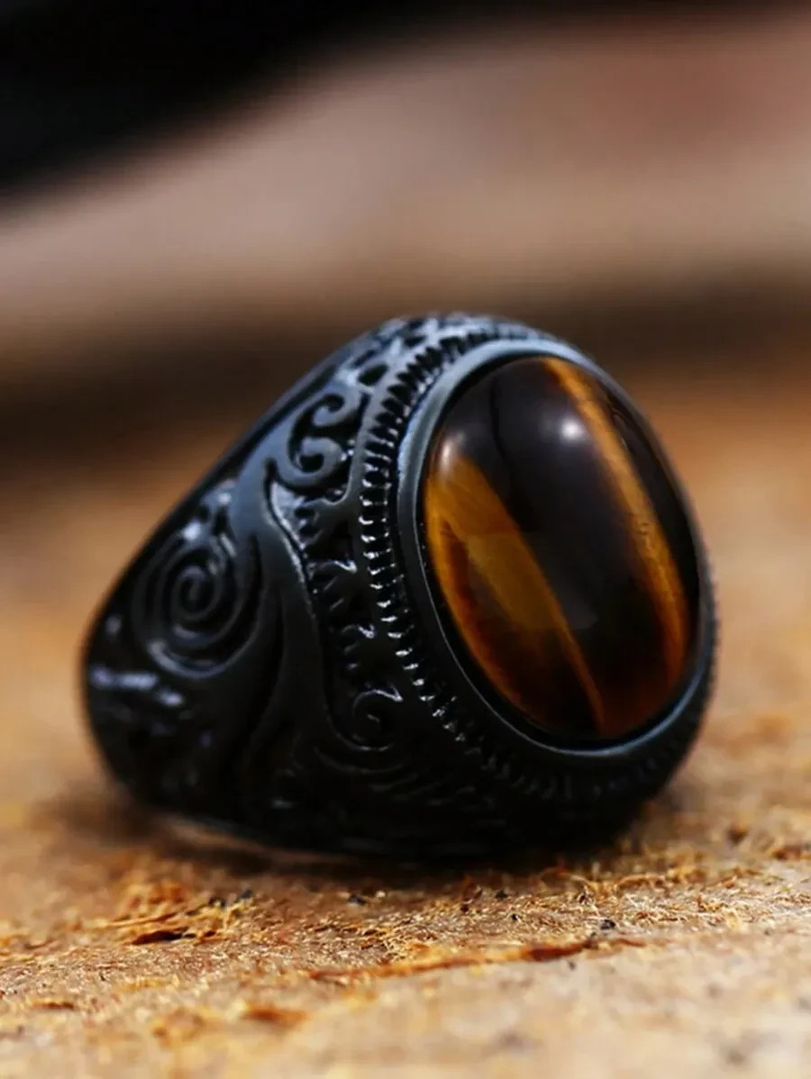 1Pc Men’s Vintage Black Stainless Steel Ring | Resin Stone Fashion Jewelry Gift