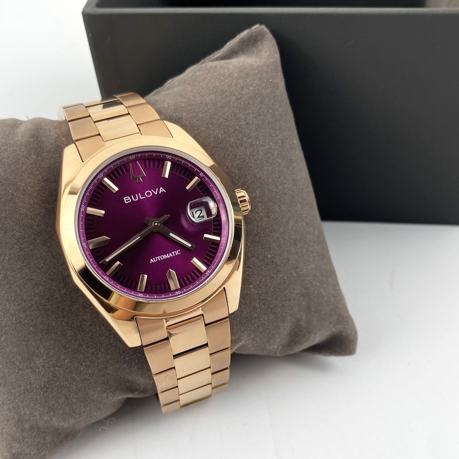 Bulova Surveyor Men’s 97B234 Automatic Watch Purple Dial Rose Gold Tone 39mm