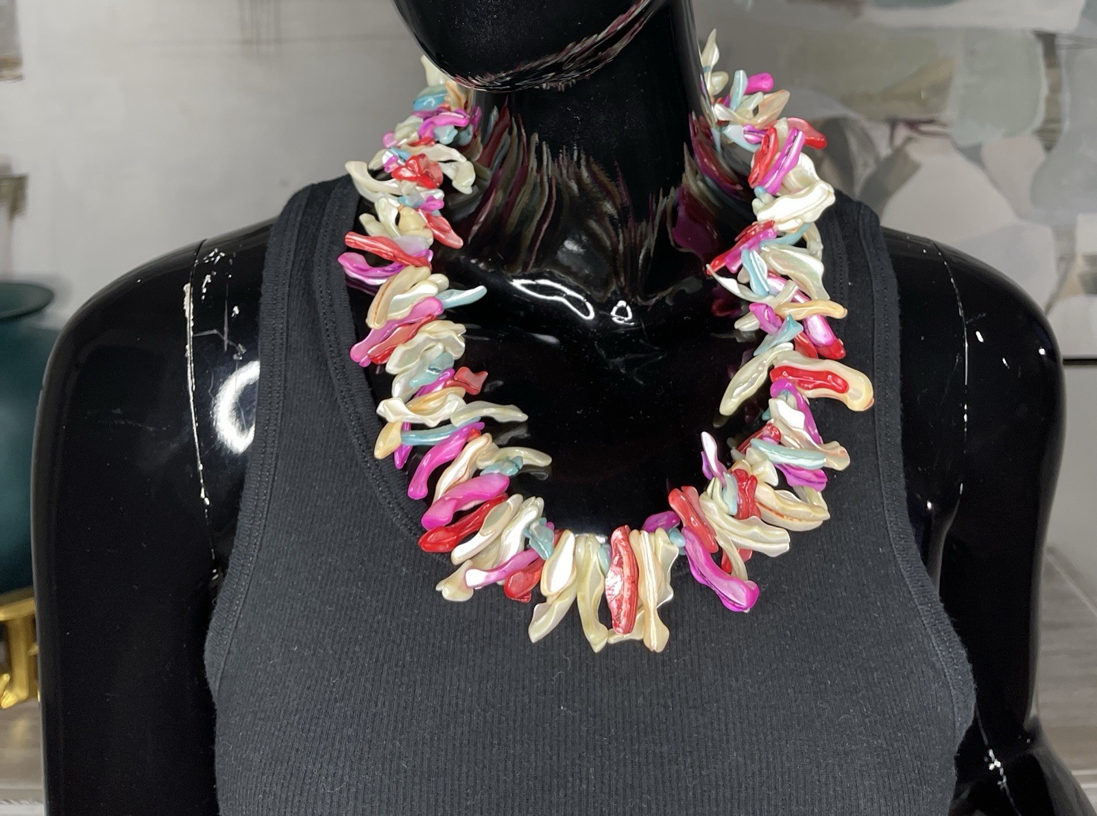 Statement Necklace Pink Blue Ivory Coral Style Beaded Choker Coastal Beach Boho