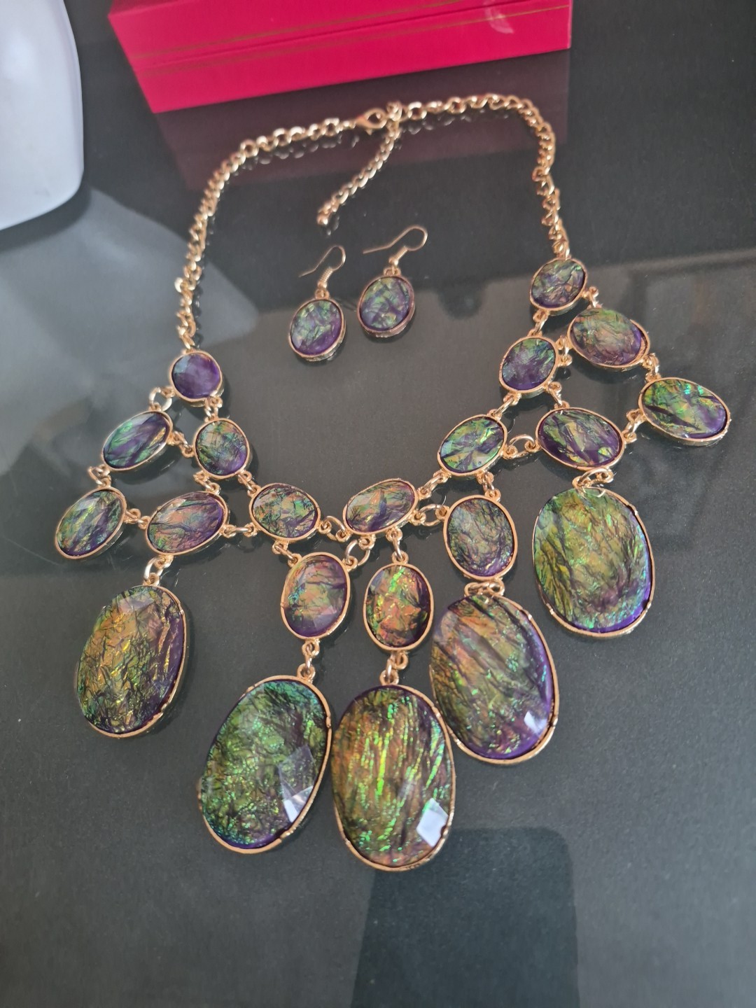 Designer Gold Color Created Opal Adjustable Necklace Up To 27″, Earrings Set