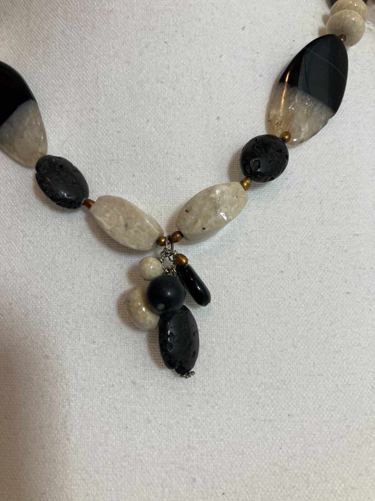 Vintage Earthy Statement Necklace Artsy Ethnic Artisan Black & Cream Stones