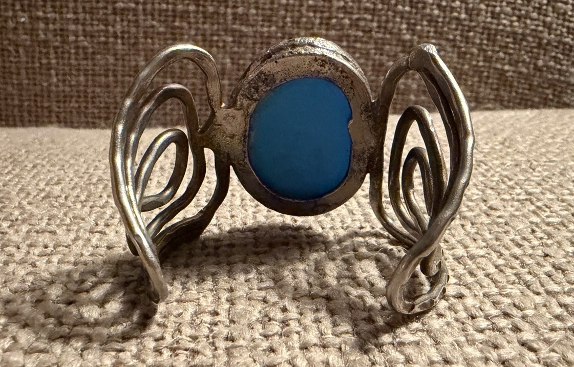 Handcrafted Silver Tone Openwork Oval Blue Cabochon Stone Cuff Bracelet