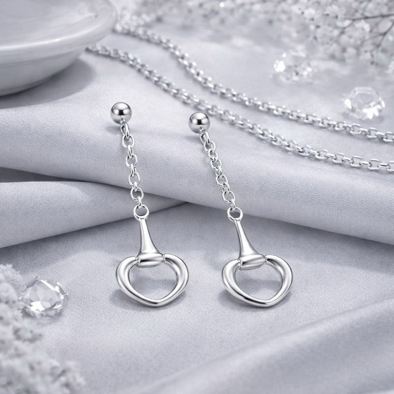 925 Sterling Silver Horse Bit Dangle Earrings | Chain Drop Studs Earrings |