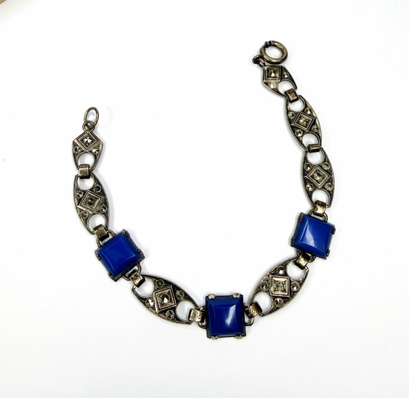 Rare Antique Art Deco Bracelet Blue Square Chalcedony Glass Beautiful Marcasite