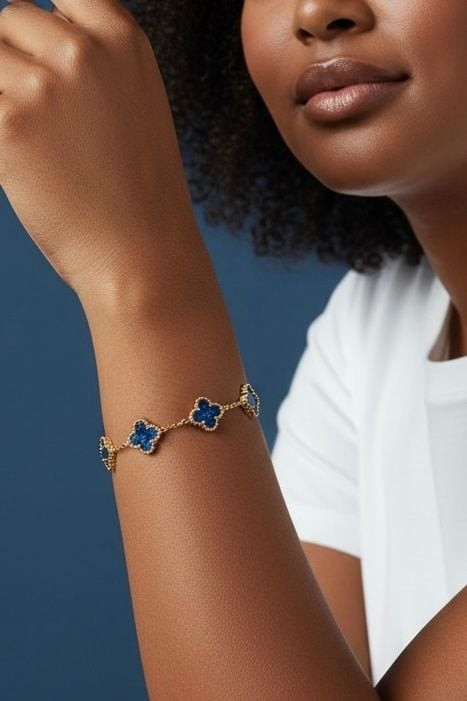 Iridescent Blue Clover Bracelet in Gold tone Stainless Steel