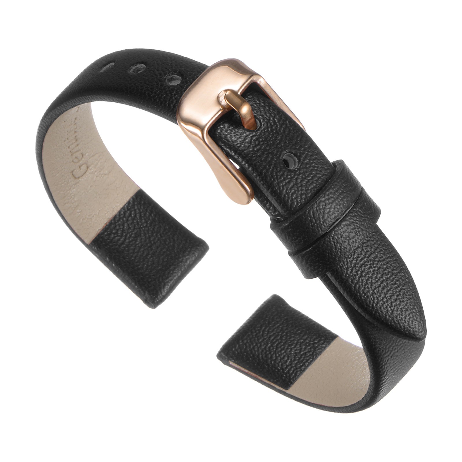 Genuine Leather Band 12mm Flat Watch Strap Black/Rose Gold Buckle
