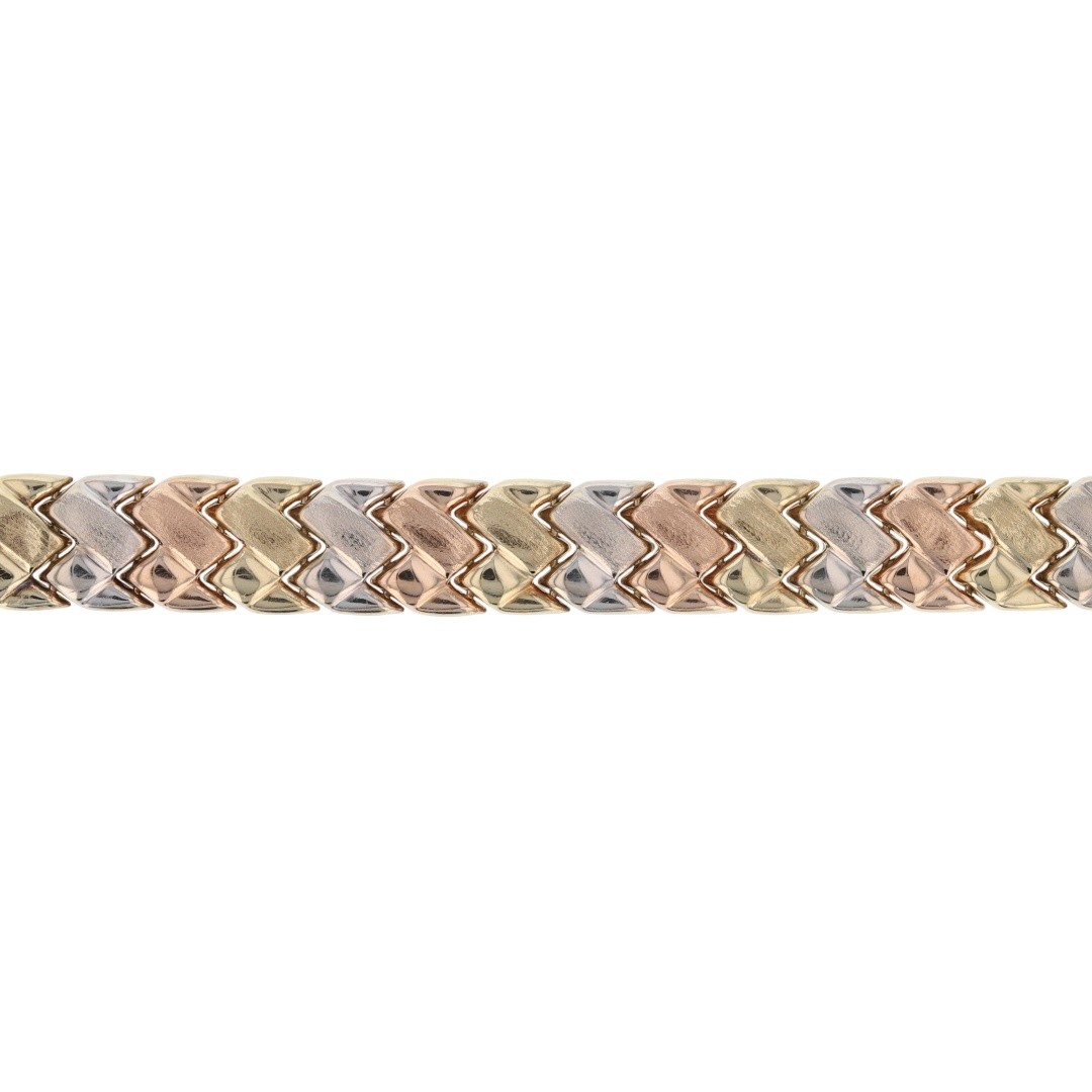 8.7mm Weave Style Fancy Link Chain 7.5″ Bracelet 10k Multi-Tone Gold 9.85 Grams