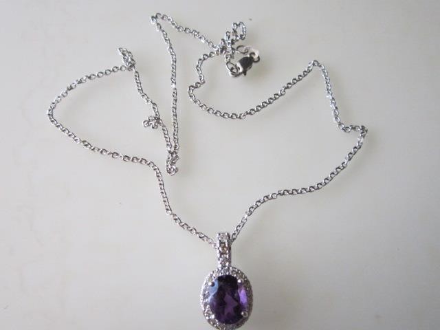 Elegant 14k. White Gold Oval Amethyst & Diamond Halo Pendant, New