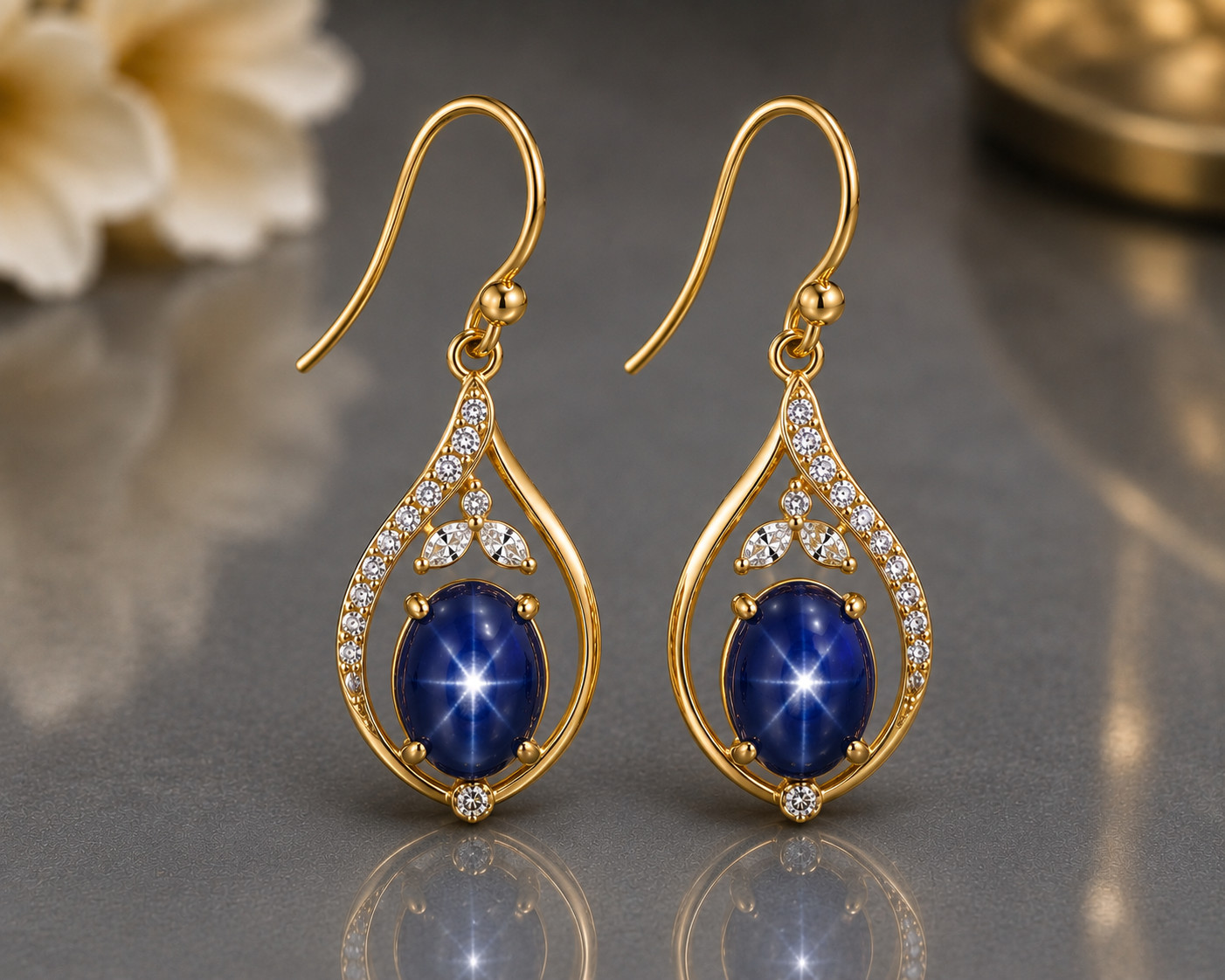 Blue Star Sapphire Drop Earring Diamond Accent 925 Sterling Silver Oval Gemstone