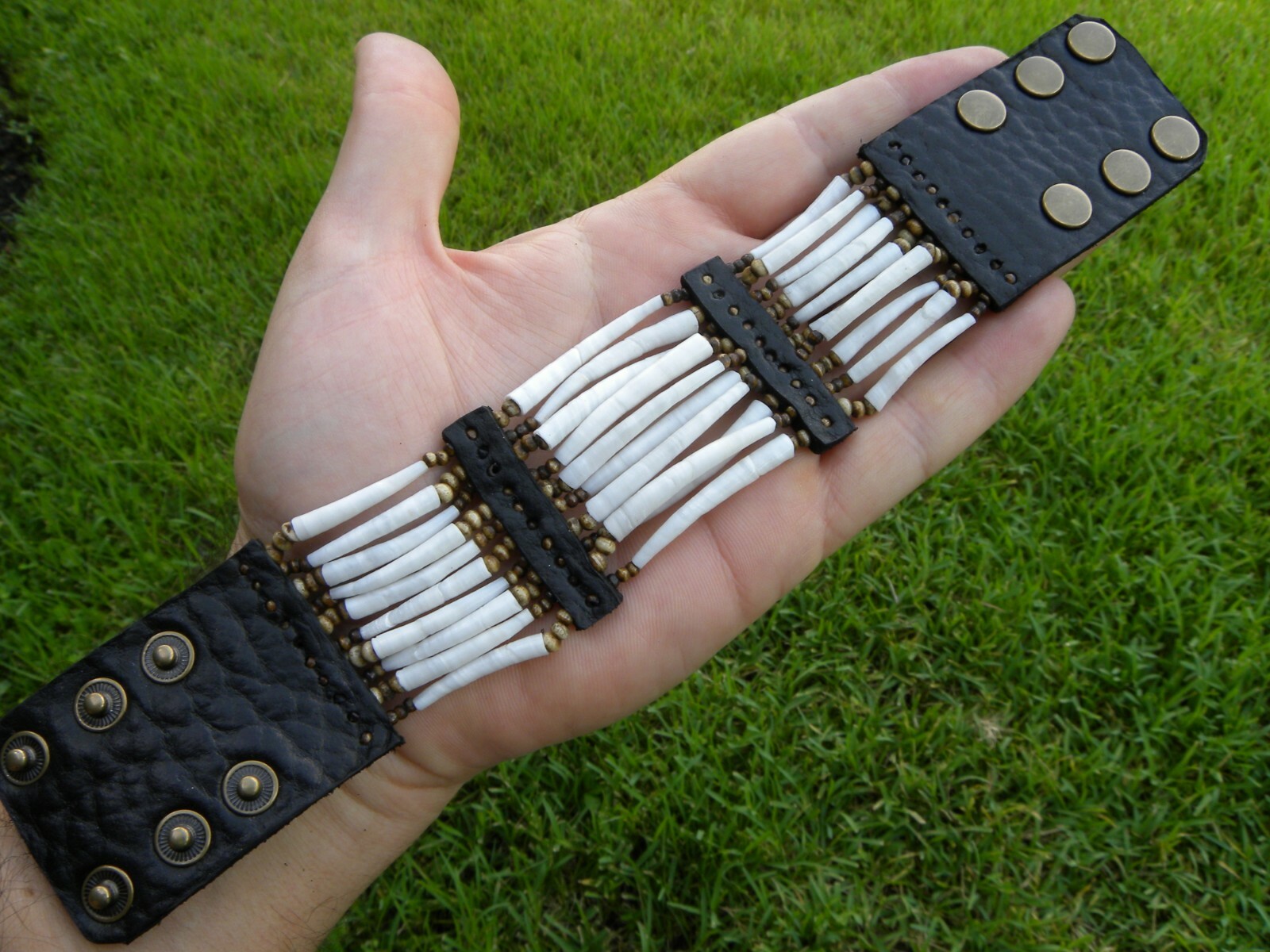 Cuff bracelet good luck dentalium shells Bison leather bone cool Shaman style