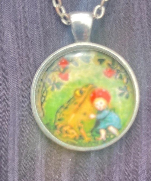 Frog 1” Glass Domed Pendant Of Little Girl & Frog with 22” Chain Necklace Whimsy