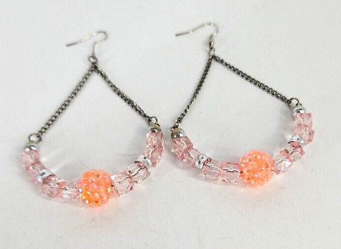 Chandelier Fashion Earrings Drop Dangle Beaded Pink Silver Tone 3.75 in.