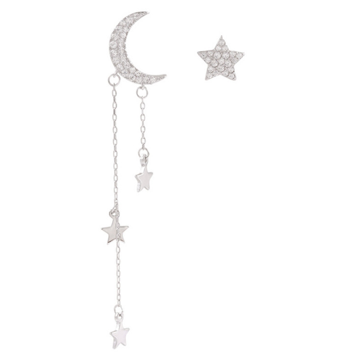 18K Gold Sterling Silver CZ Moon Star Tassel Asymmetrical Stud Earrings Box PE47