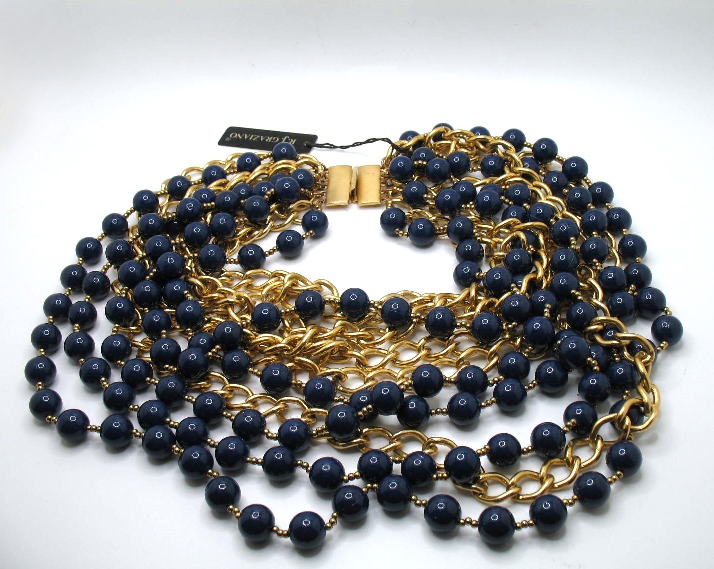 Vintage RJ Graziano 10-strand runway statement bib necklace Navy and goldtone