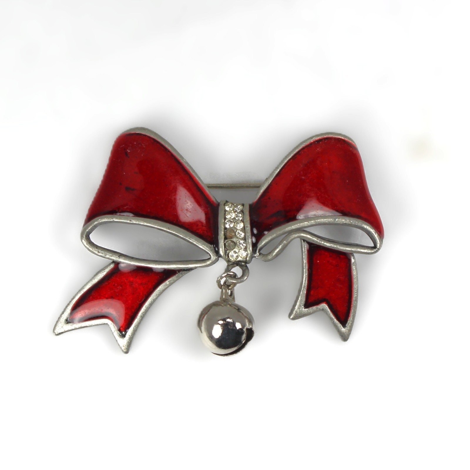 Vintage Red Enamel Christmas Brooch Drop Jingle Bell Pewter Signed AS