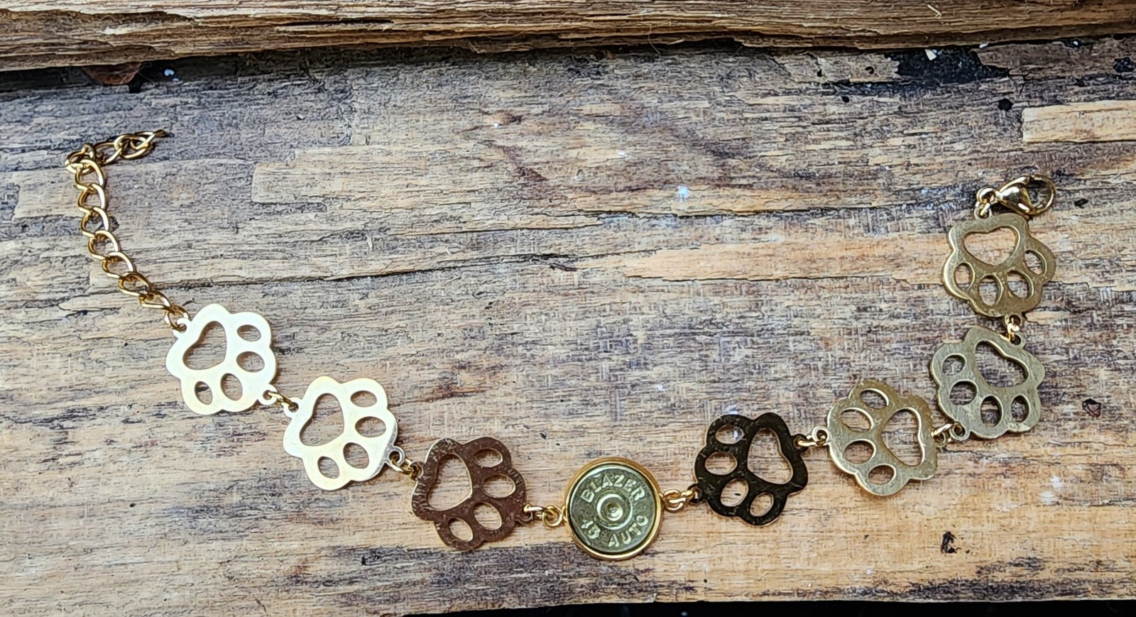 Bullet Anklet, Gold Stainless Steel Puppy Paws and 45 Auto. Optional Crystal.