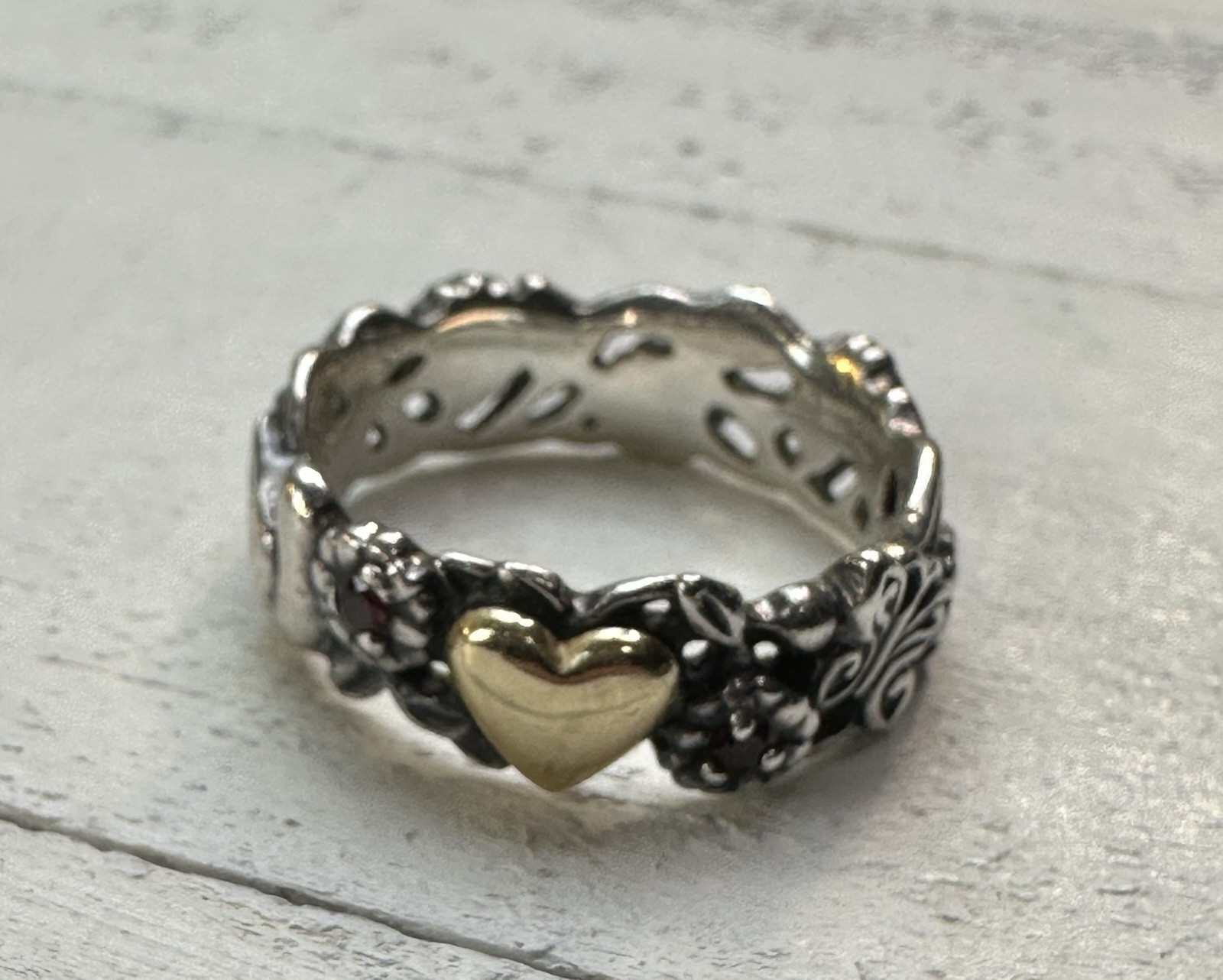 ArtCarved AC 925 14K Heart Garnet Sterling Silver Bird Butterfly Ring Sz 7.75
