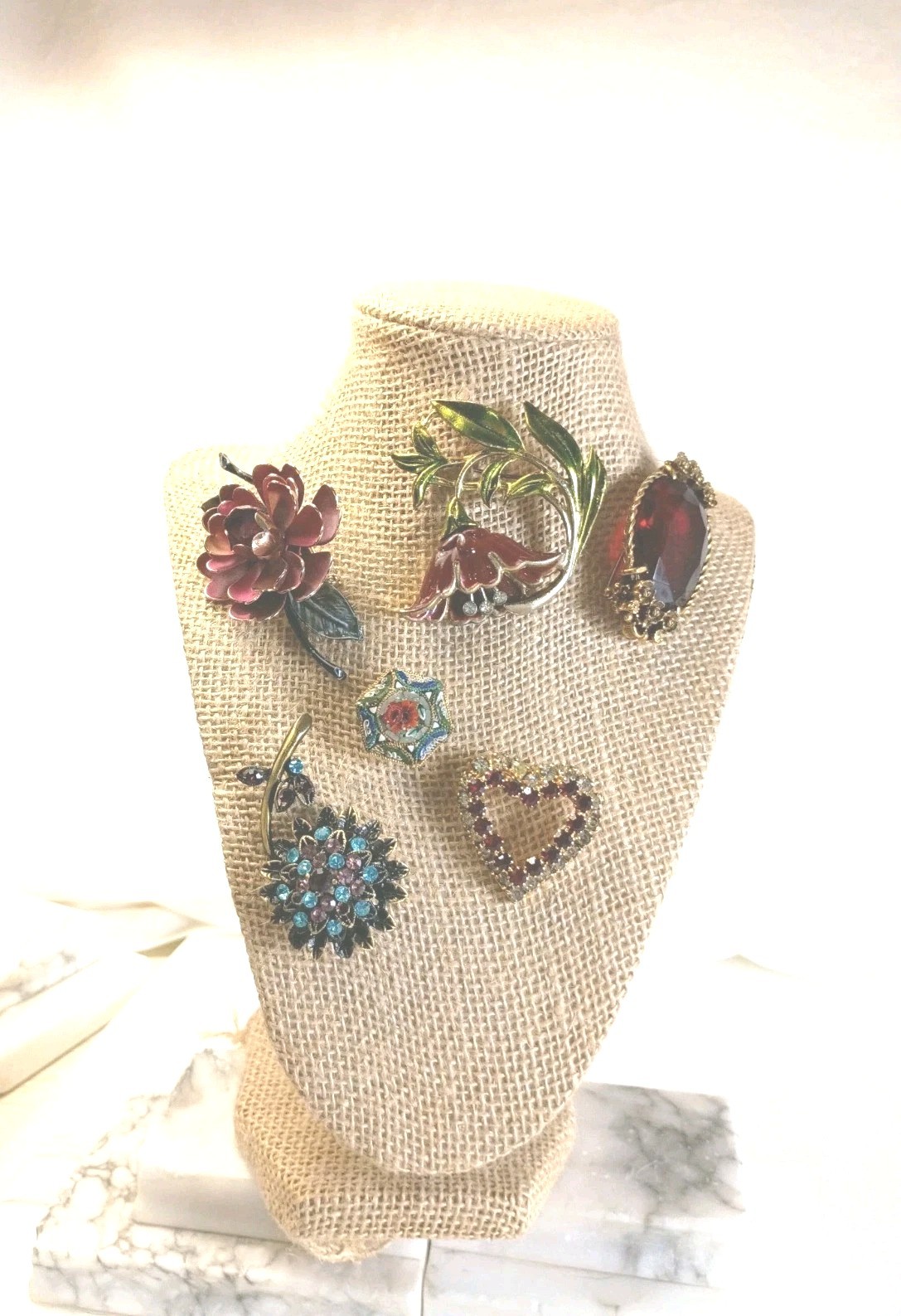Vintage To Current Brooches Lot of 6 Rhinestone Glass Enamel Paint Gold Fill
