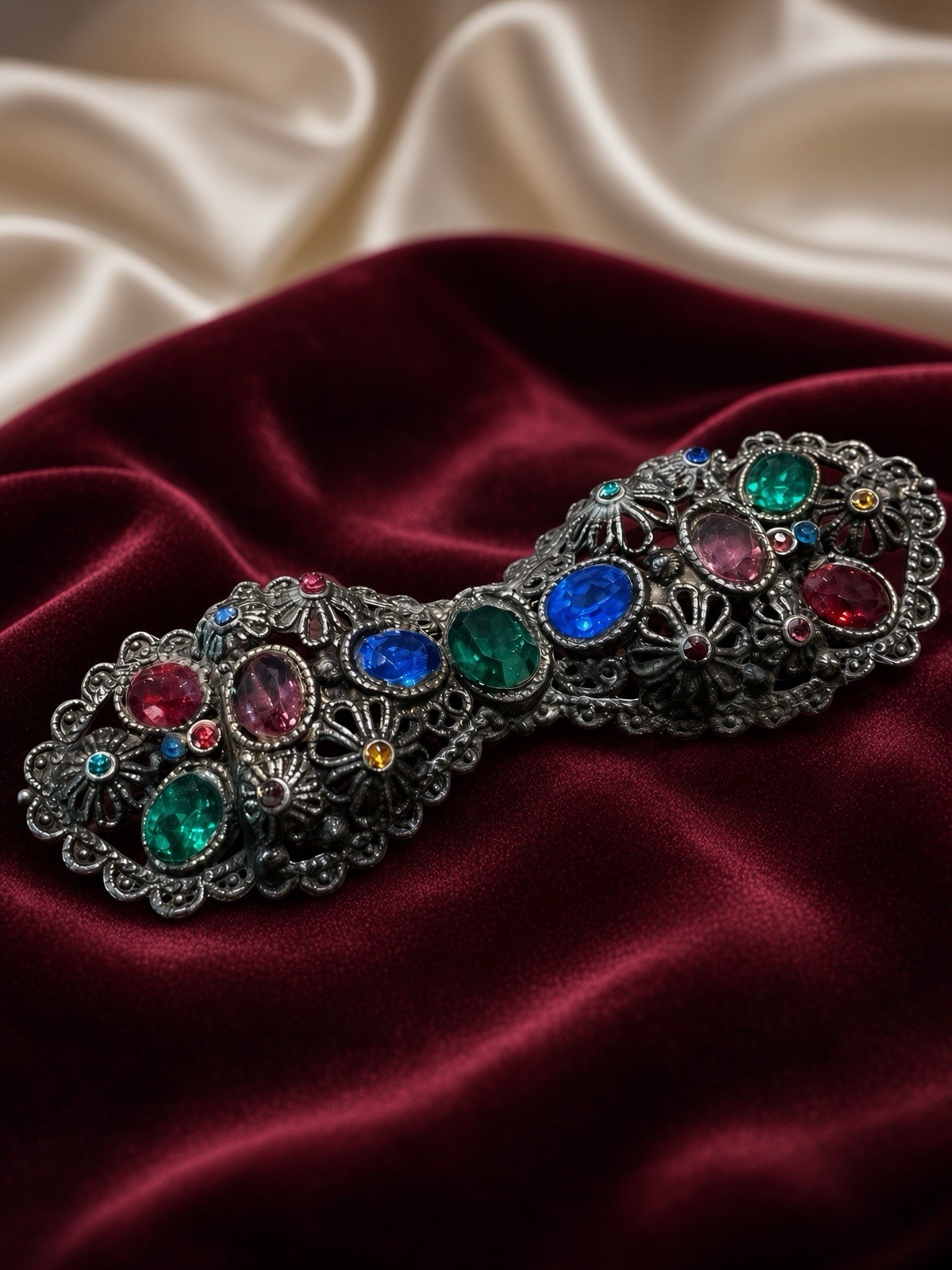 Vintage Colorful Multi-Gem Filigree Hair Barrette / Brooch