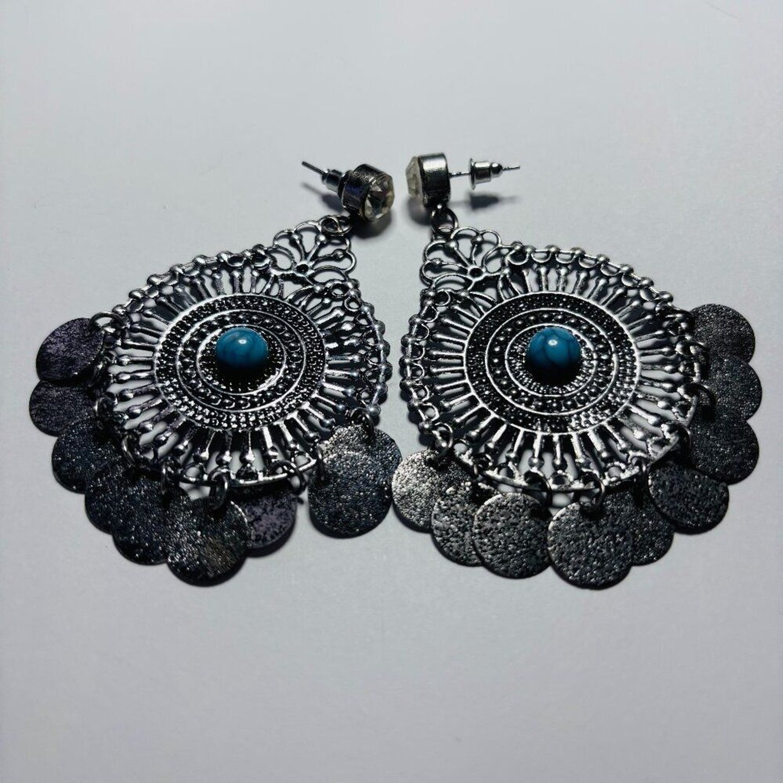 Boho Silver Tone Turquoise Medallion Drop Dangle Earrings