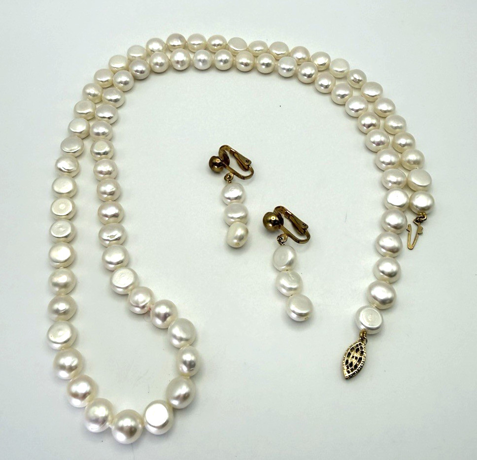 Freshwater Button Pearl Necklace Clip On Earrings Set 14K/20 Gold Filled Clasp