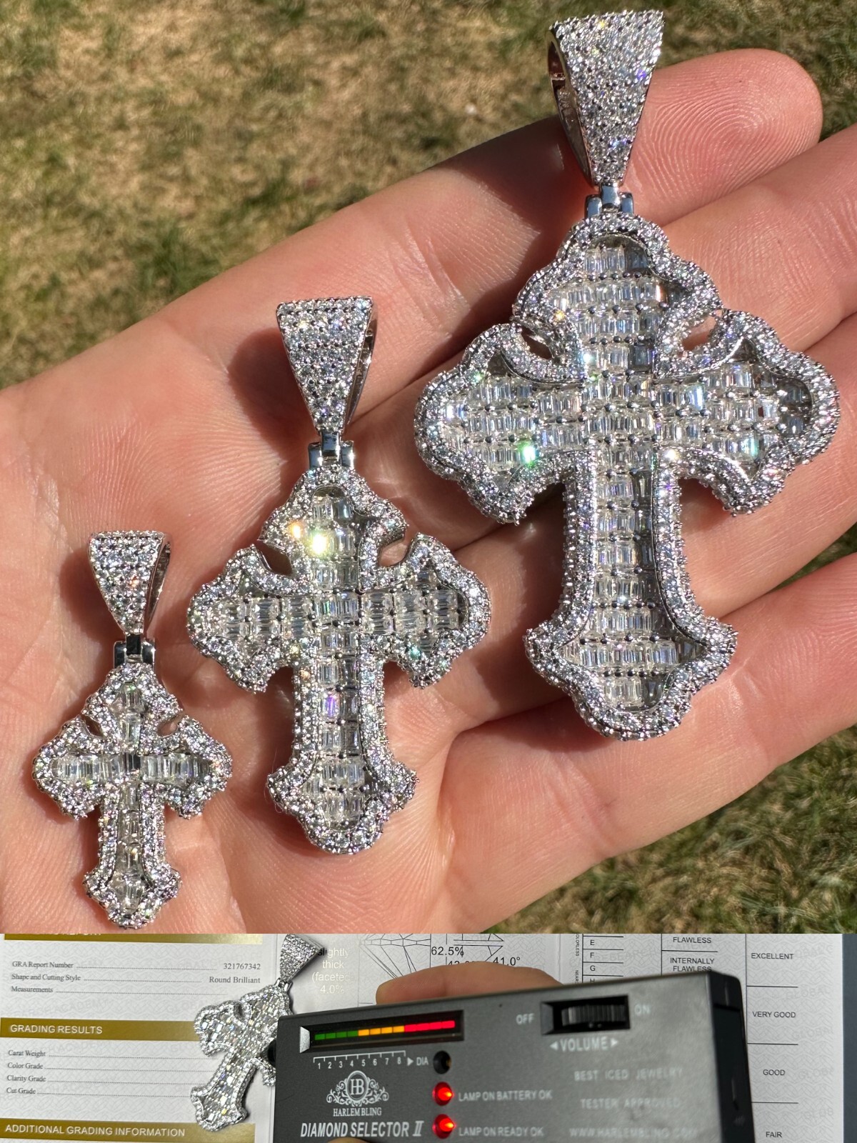 MOISSANITE Gothic Cross Pendant Iced Baguette Necklace Real 925 Silver – 3 Sizes