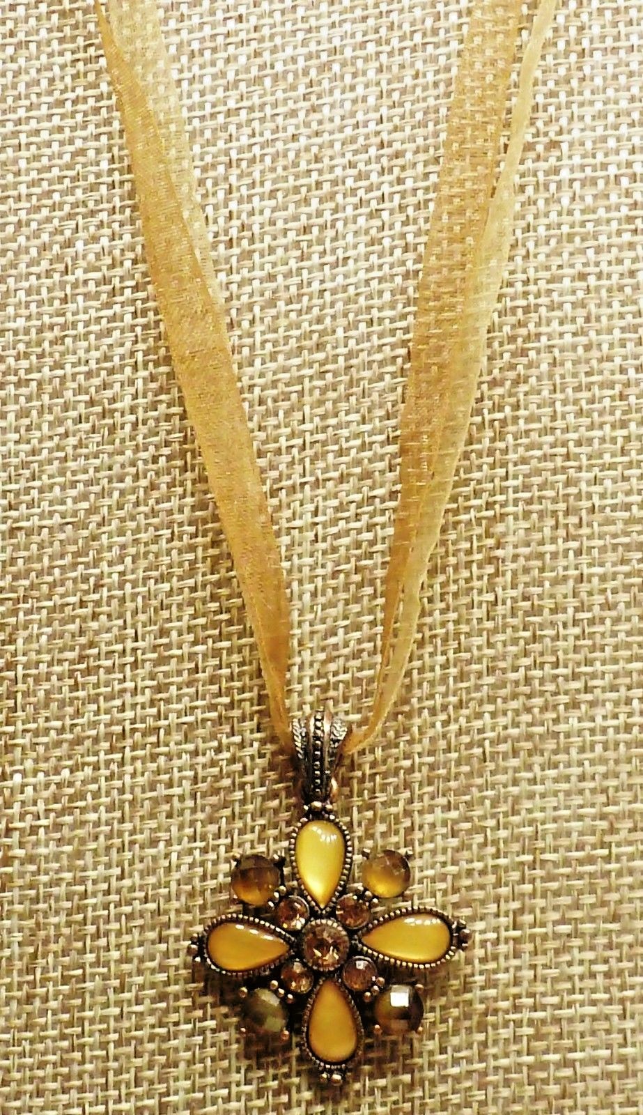 A23) 2028 Jewelry Brown Crystal & Topaz Fiber Optic Stones Pendant on Satin Cord