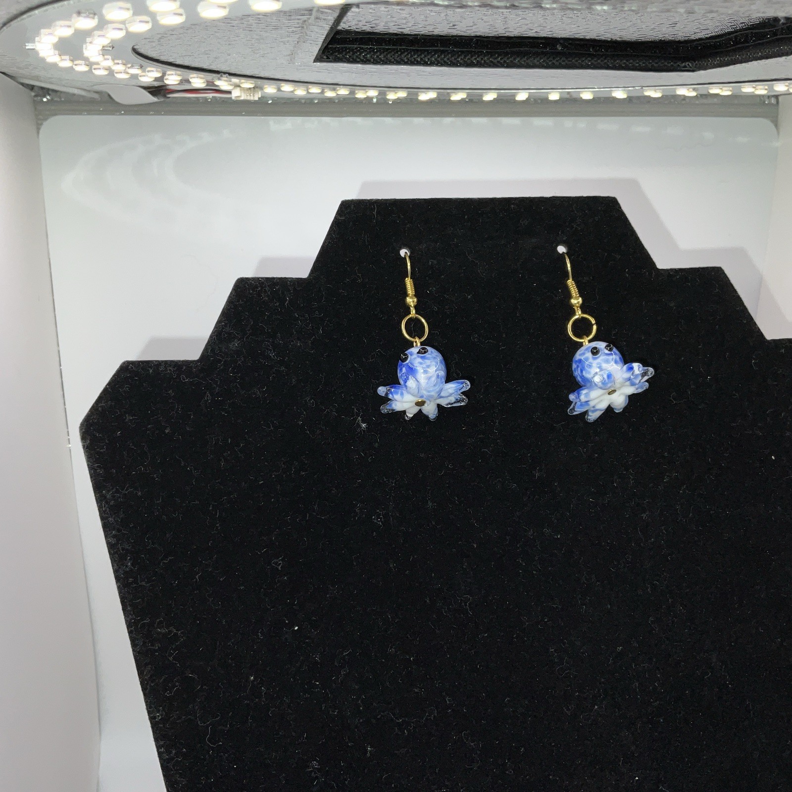Blue & White Octopus Glass Earrings W/ Backs. Homemade 14k Extra Plated Gold New