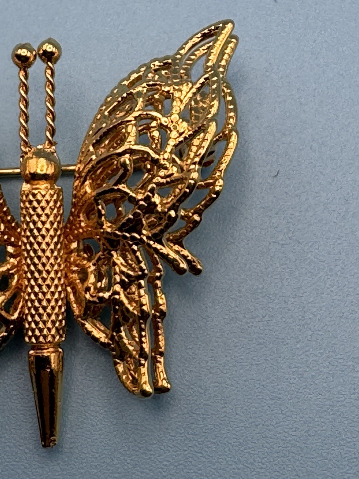 Vintage Monet Signed Gold Tone Butterfly Brooch Pin 3D Filigree Double Wing