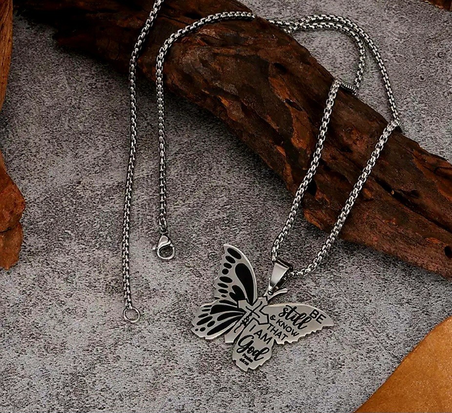 Butterfly Cross Scripture Pendant Silver Chain Necklace