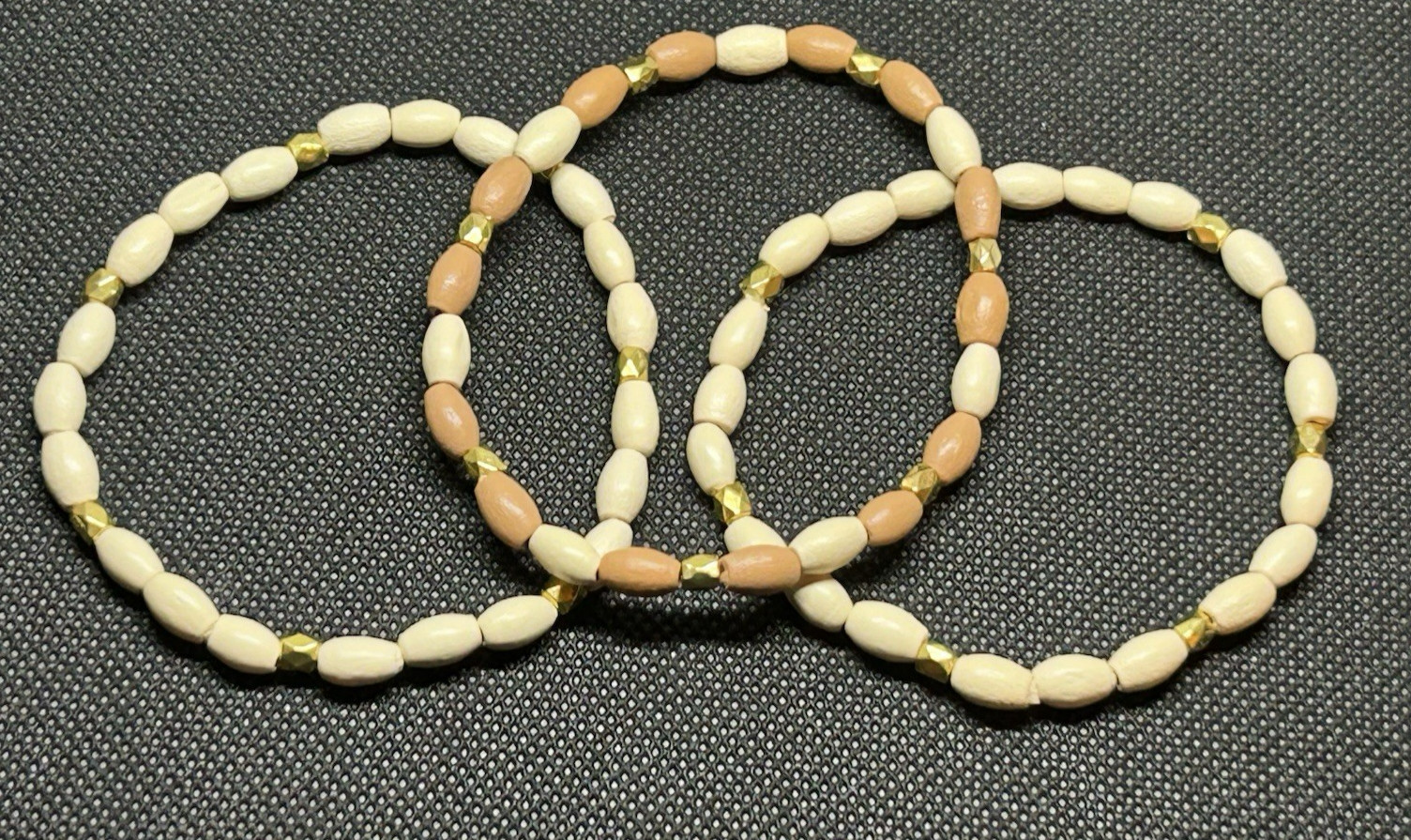 Ivory & Tan with gold accents Bamboo Wooden Beaded Bracelet Set Size M