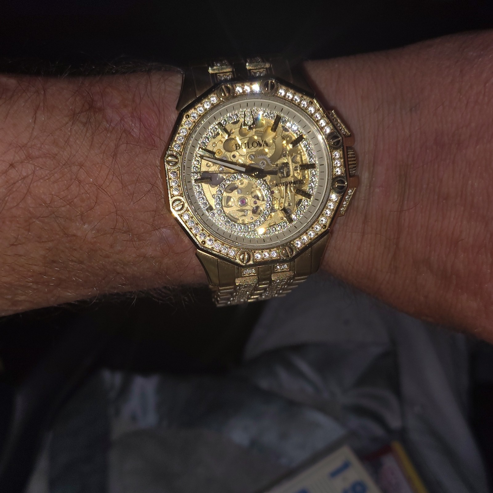 Bulova Men’s Automatic Skeleton Dial Gold Tone Bracelet Watch Gem-Set Bezel