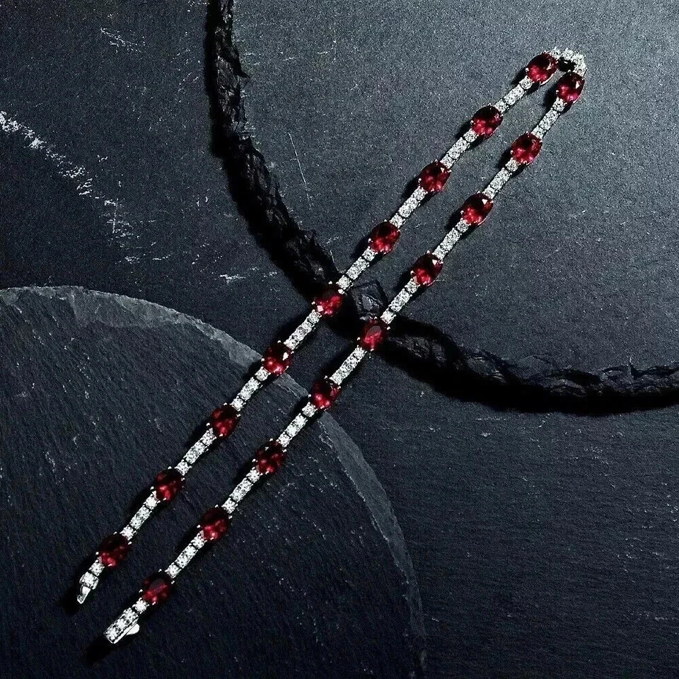 20TCW Oval Cut Lab Created Ruby & Diamond Tennis Necklace 925 Sterling Silver