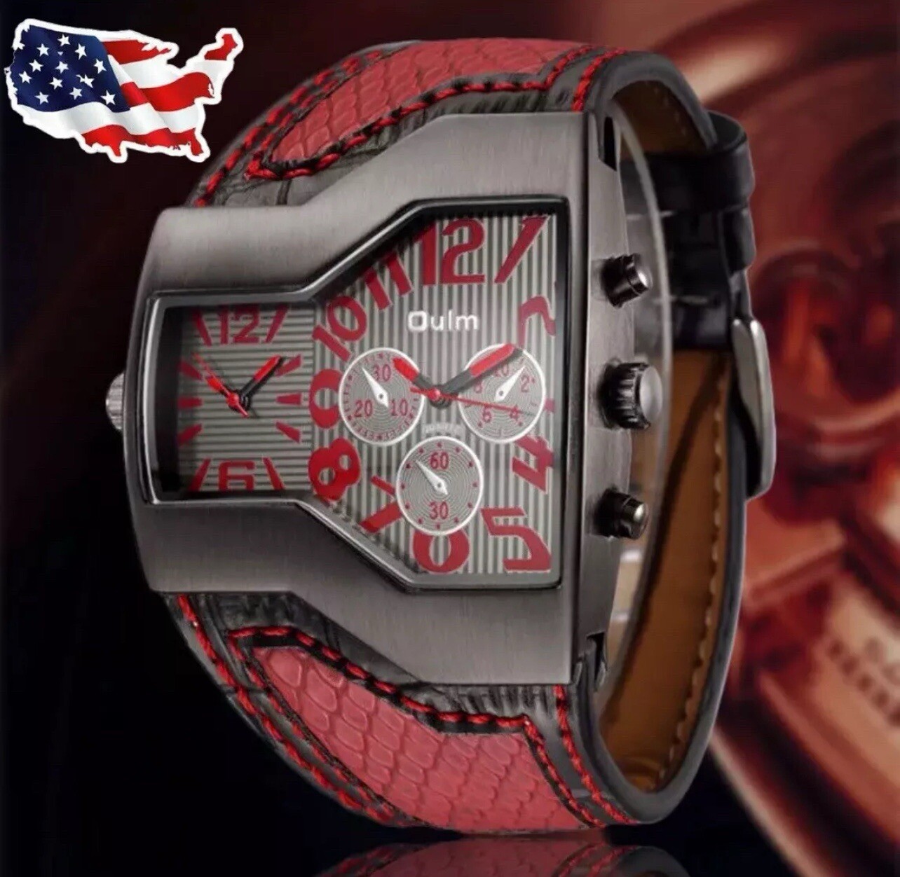 OULM Mens Casual Quartz Watches Dual Time Big Face Wide Leather Band Watch
