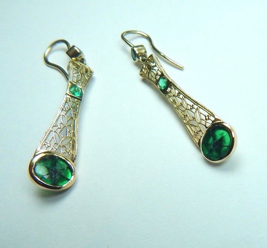 Colombian Trapiche Emerald 2.40 Cts Filigree Earrings 18K Gold Fine Jewelry Muzo