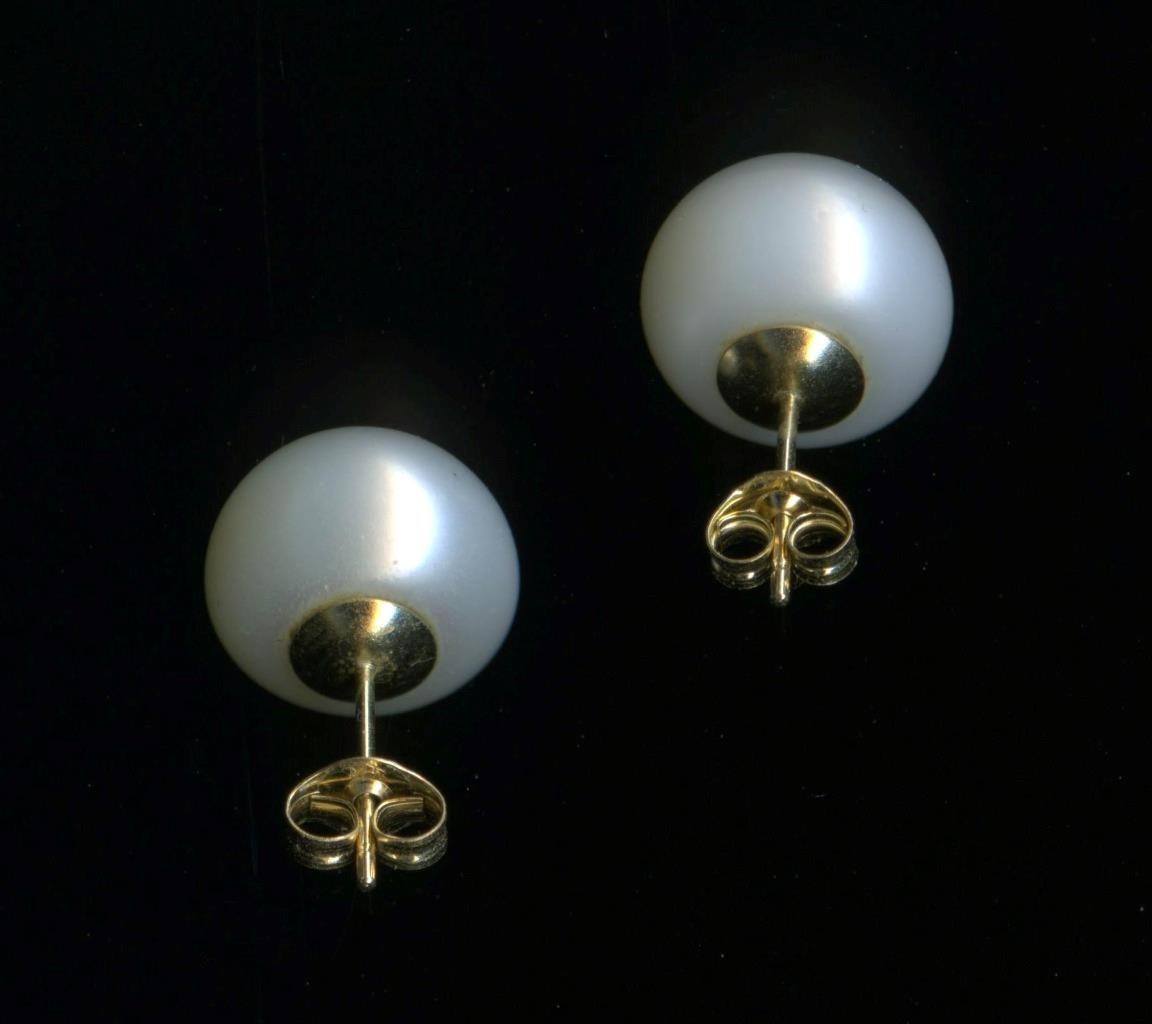 14K 2.68 Gram Solid Yellow Gold 10mm Bead White Pearl Solitaire Earrings )vx