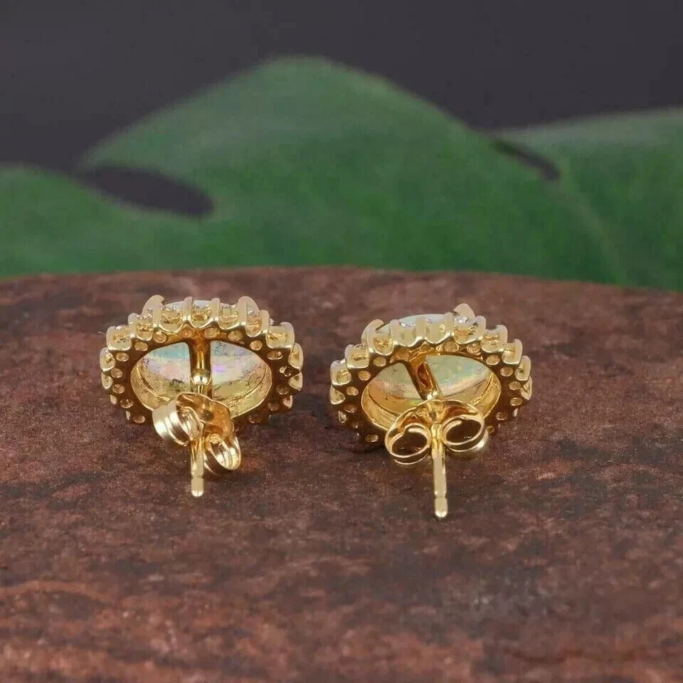 2.20Ct Oval Cut Simulated Fire Opal Halo Stud Earrings 14k Yellow Gold Plated