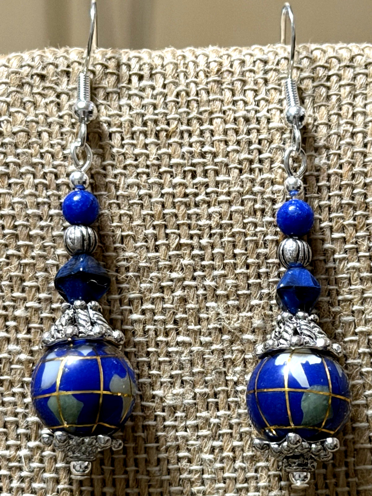NEW ITEM*VTG.12MM BLUE LAPIS GEMSTONE INTARSIA GLOBE EARRINGS .925 EAR WIRES-NEW