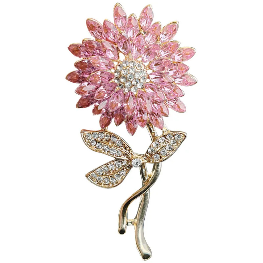 Sunflower Brooch Rhinestone Crystal Gold & Pink Flower Pin Jewelry Summer Gift
