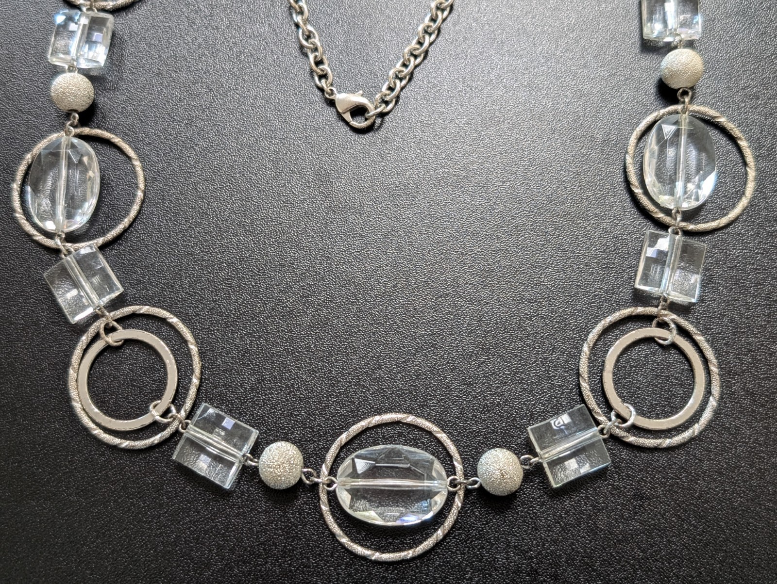 Vintage Silver Tone Geometric Station Necklace Clear Lucite Glass Hoops Textured