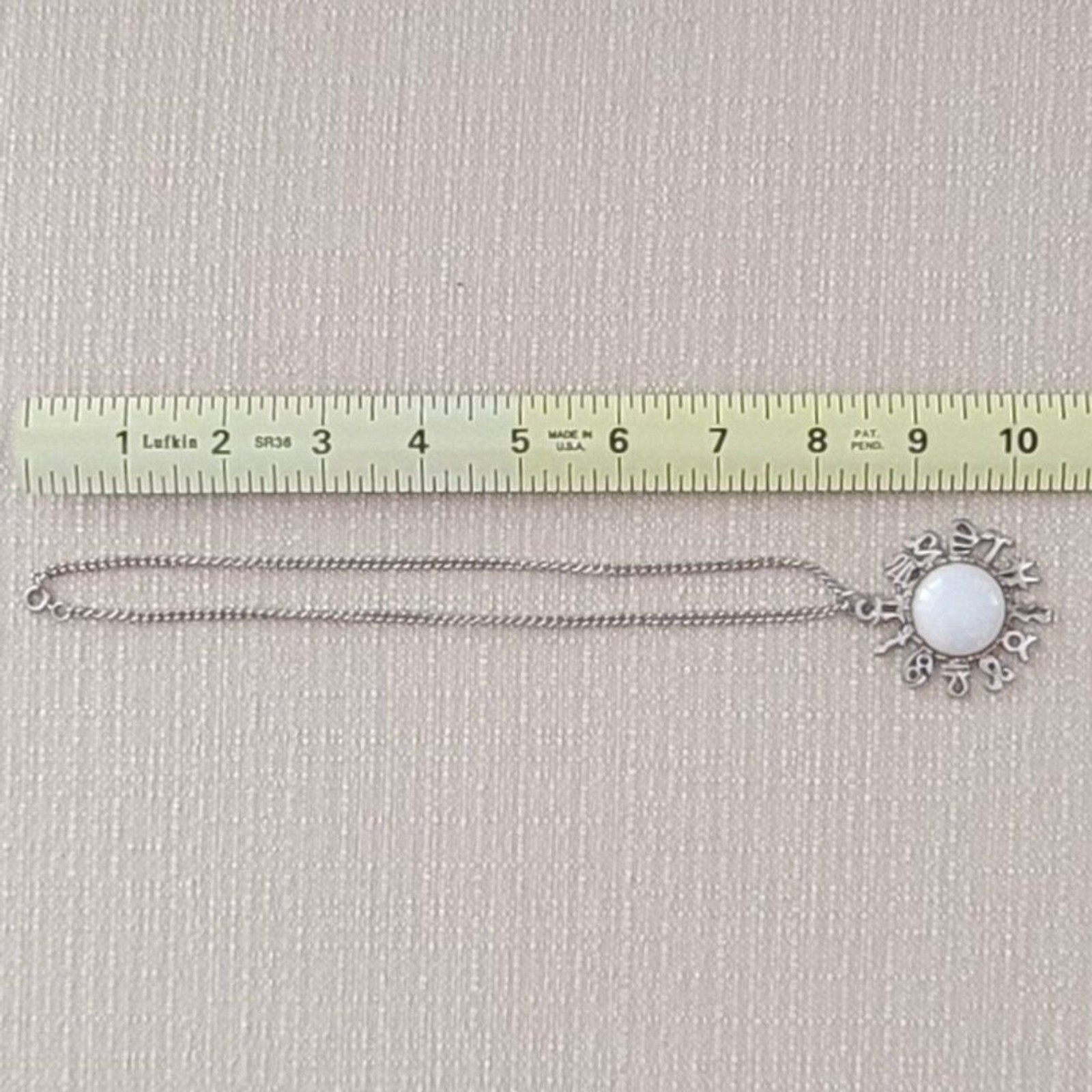 VTG Zodiac Pendant Necklace White Cabochon Astrology Silver Tone Chain Boho Chic