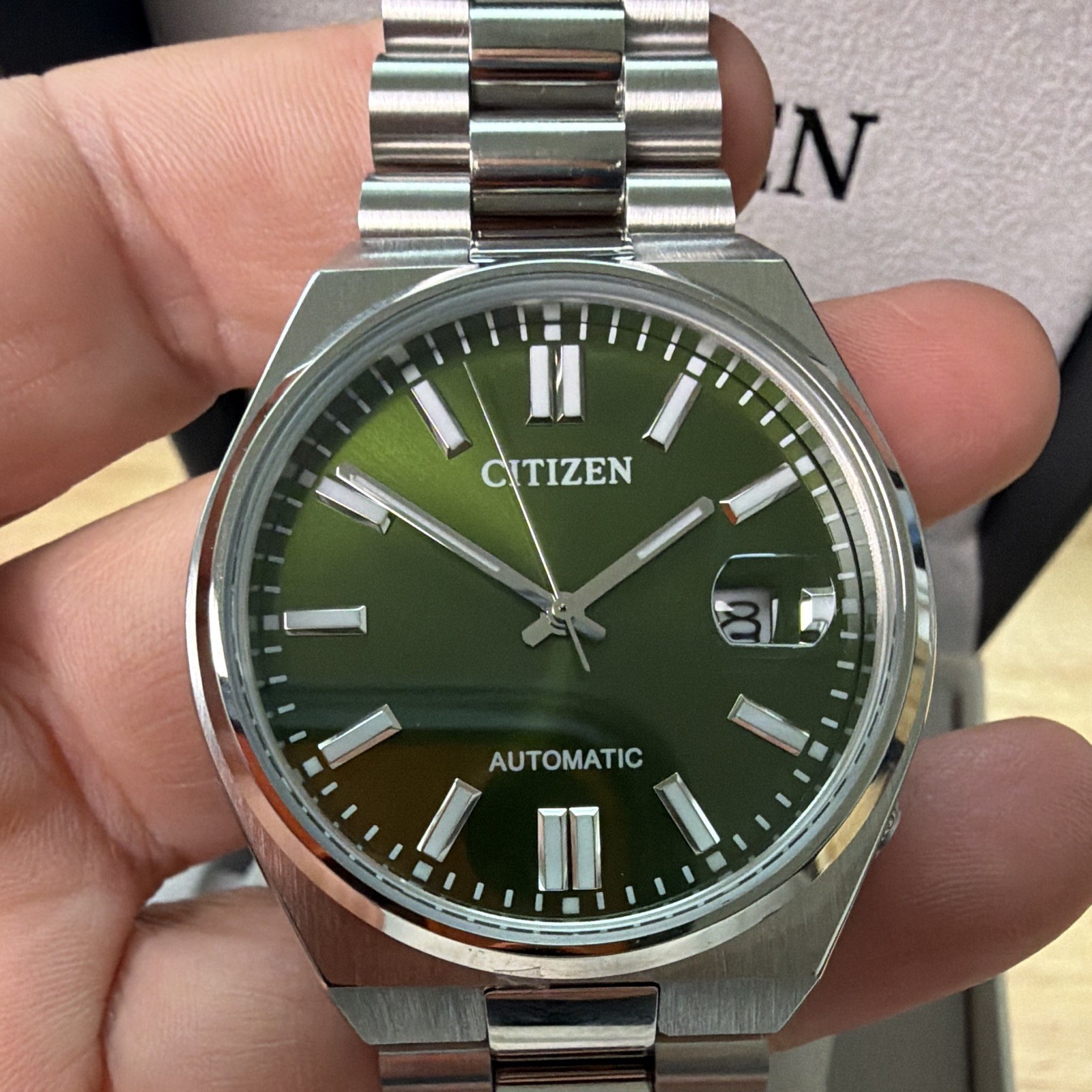 Citizen Tsuyosa Automatic Green Dial Date Exhibition Back Steel Bracelet w/ Box