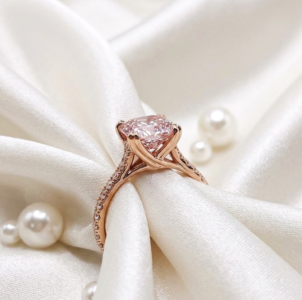 Diamond Ring 14k Rose Gold 5.35 Ct Radiant Cut Fancy Vivid Pink IGI Lab Grown