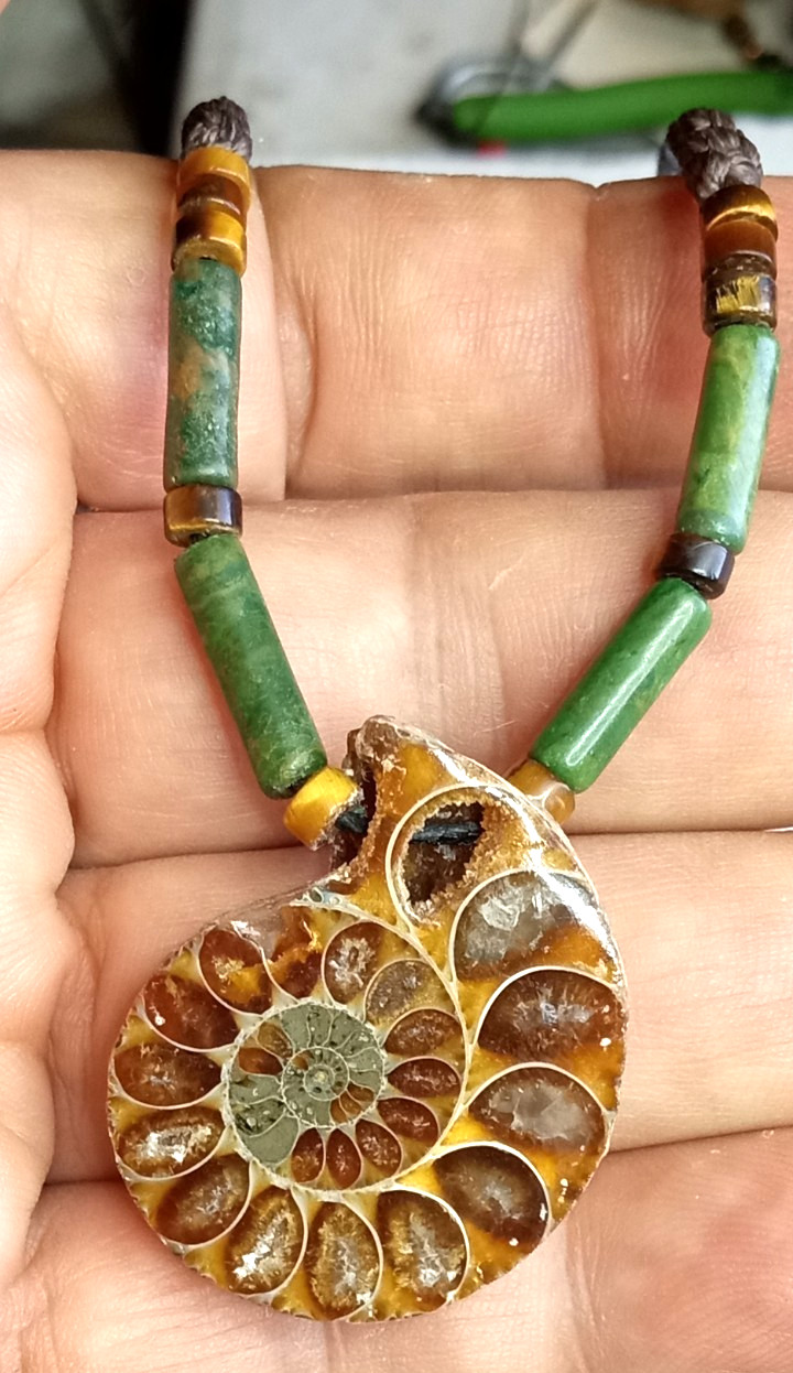 Fossil Ammonite With Nephrite beads Adjustable and Hand Braided Necklace