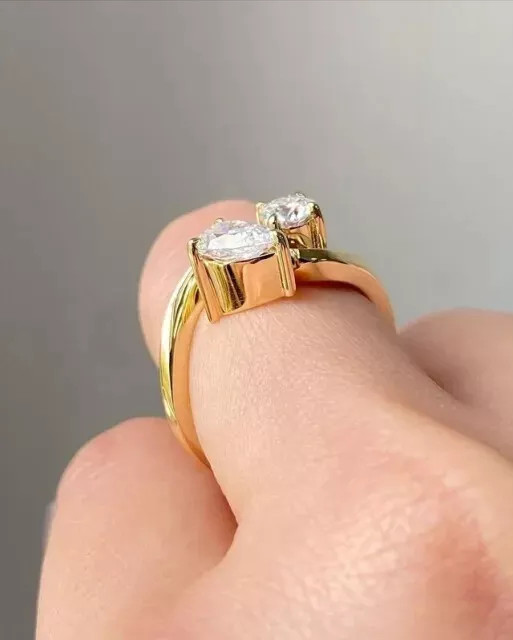 Pear and Round Cut Moissanite Toi Et Moi Engagement Ring 14K Yellow Gold Plated