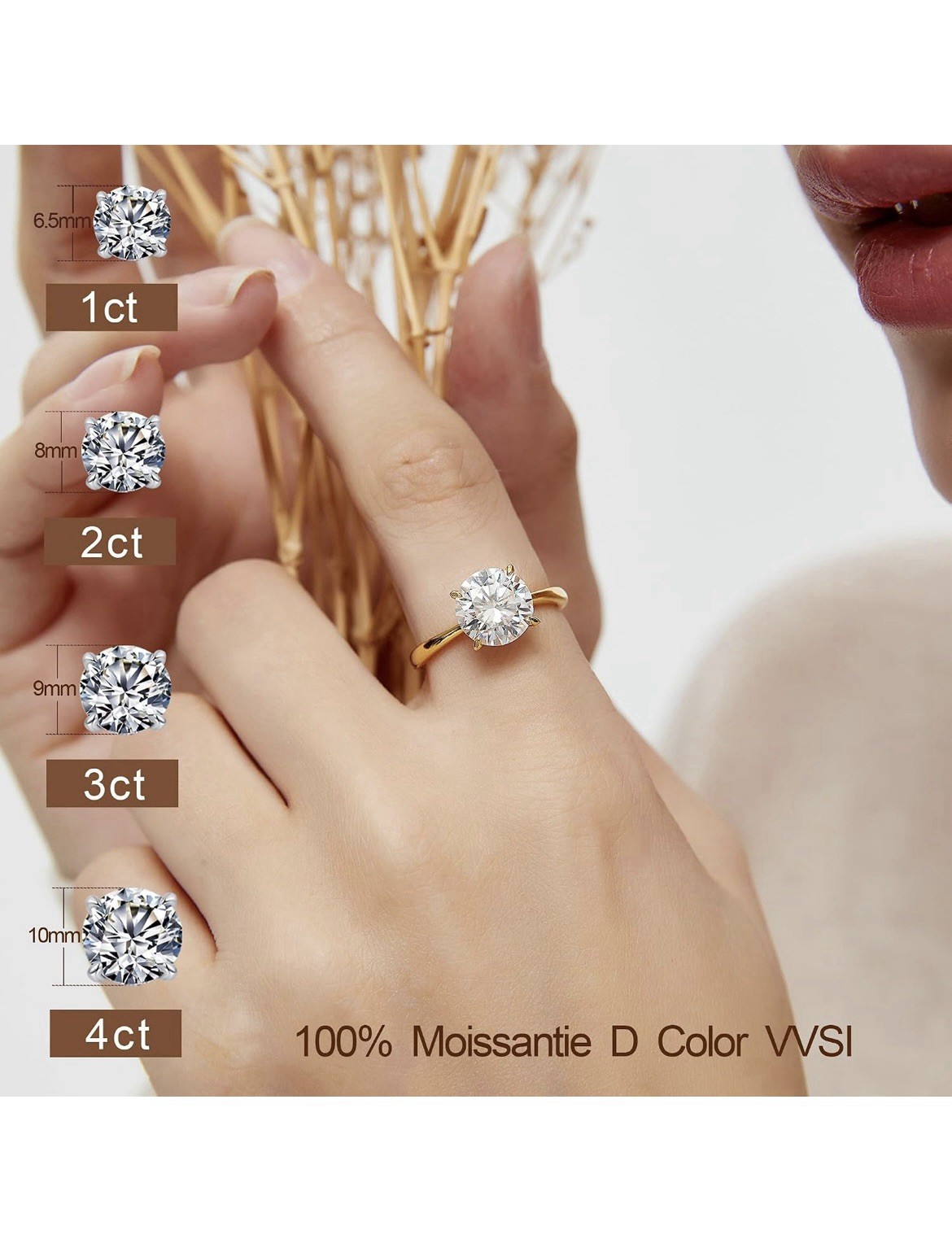 0.5-4CT D VVS1 Moissanite Ring 925 Silver Two Tone 18K Gold Plated Wedding Band