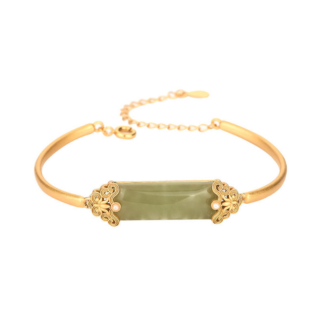 Green Jade Bangle Jade Charm Bracelet 18K Gold Plated Chain Dainty Gemstone