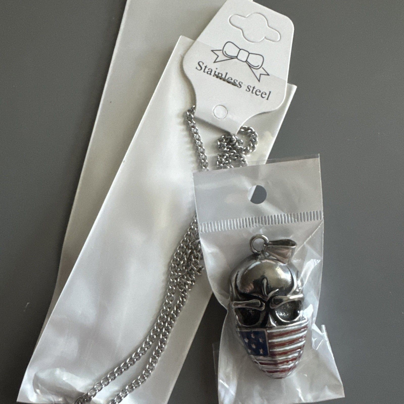 Flag Face Bandana Skull Pendant Stainless Steel on Cuban Link Chain U.S.A. Gift